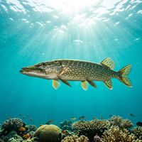 Pike with olive-green and cream-spotted flanks and a long, flattened snout hovering motionless among freshwater vegetation.