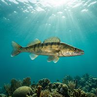 Pike perch with elongated greenish-grey body, dark mottled flanks, and spiny dorsal fin swimming in murky freshwater.