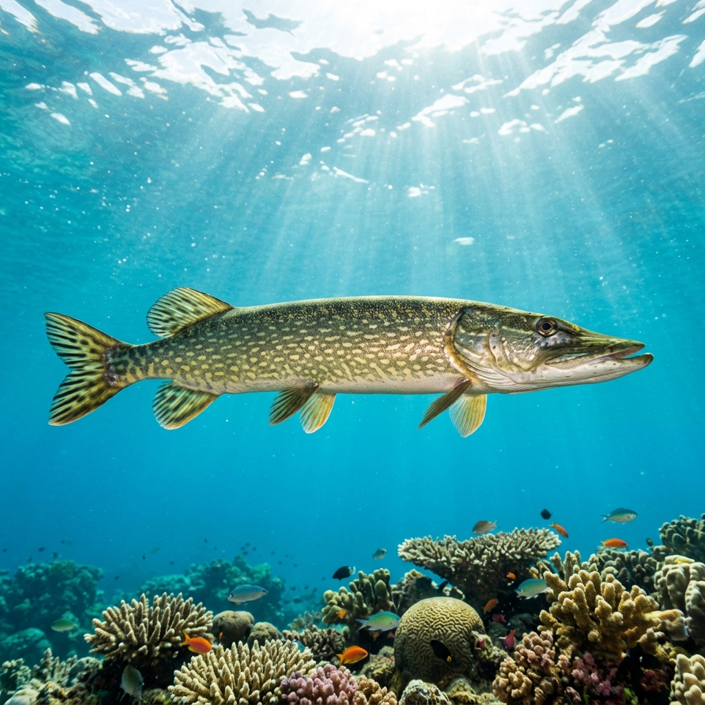 Pike (Esocidae spp.) swimming in its natural underwater habitat
