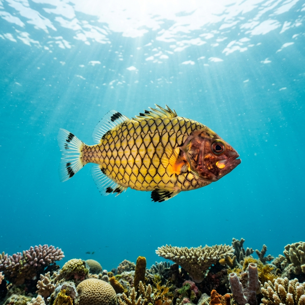 Pineapplefish (Cleidopus gloriamaris) swimming in its natural underwater habitat