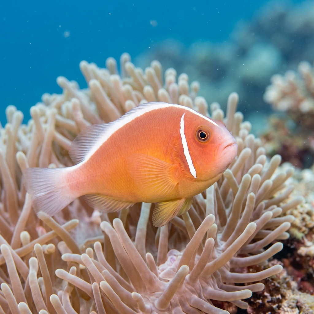 Pink Skunk Anemonefish (Amphiprion perideraion) swimming in its natural underwater habitat