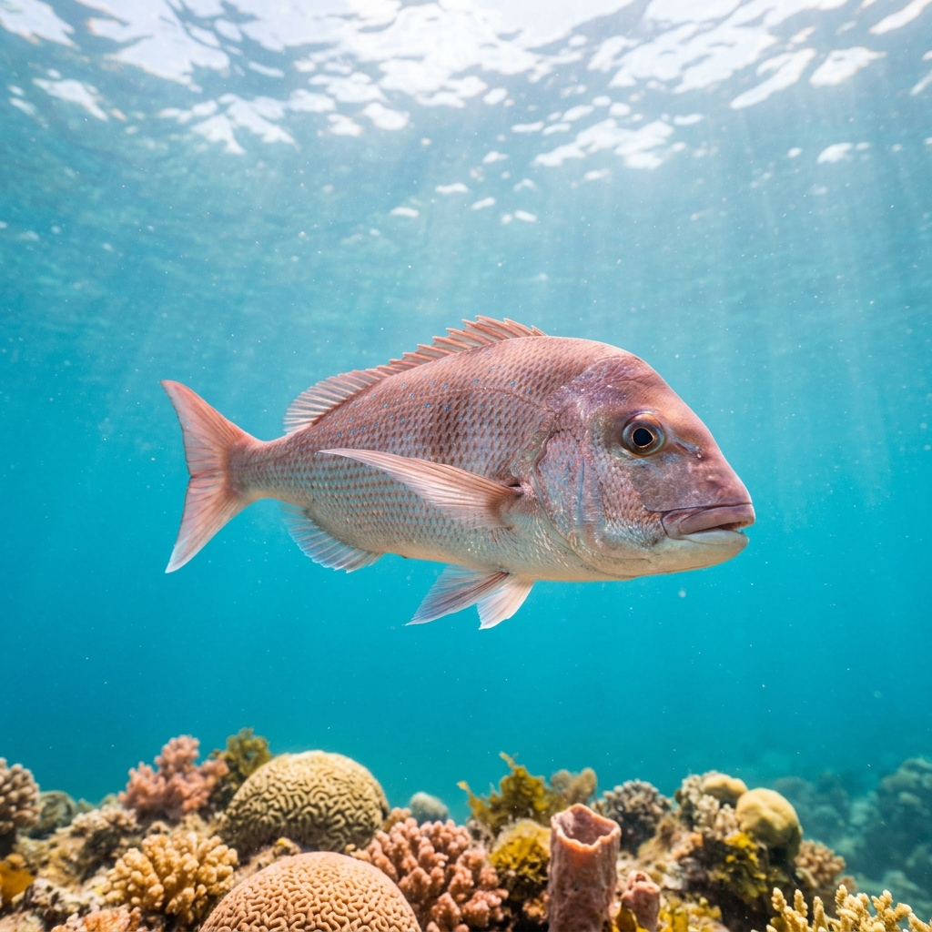 Pink Snapper (Chrysophrys auratus) swimming in its natural underwater habitat