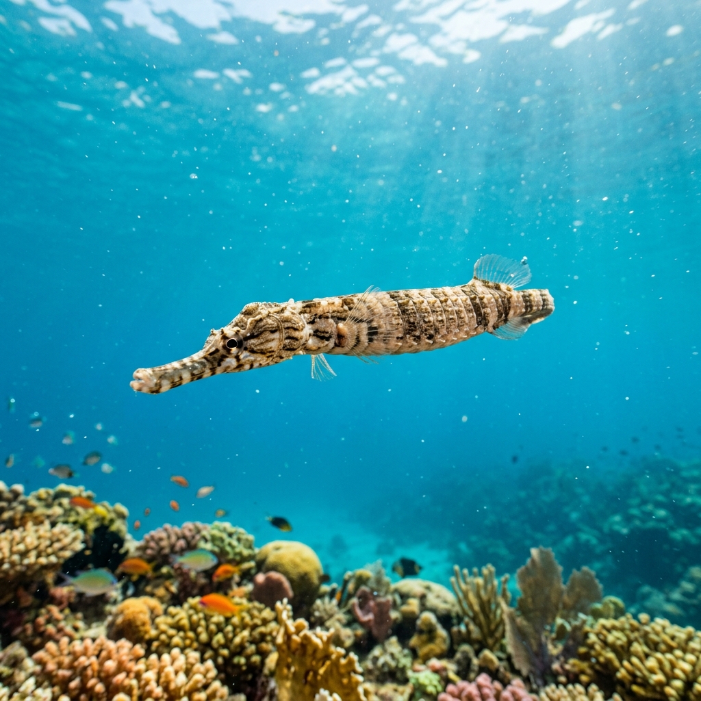 Pipefish (Syngnathidae spp.) swimming in its natural underwater habitat