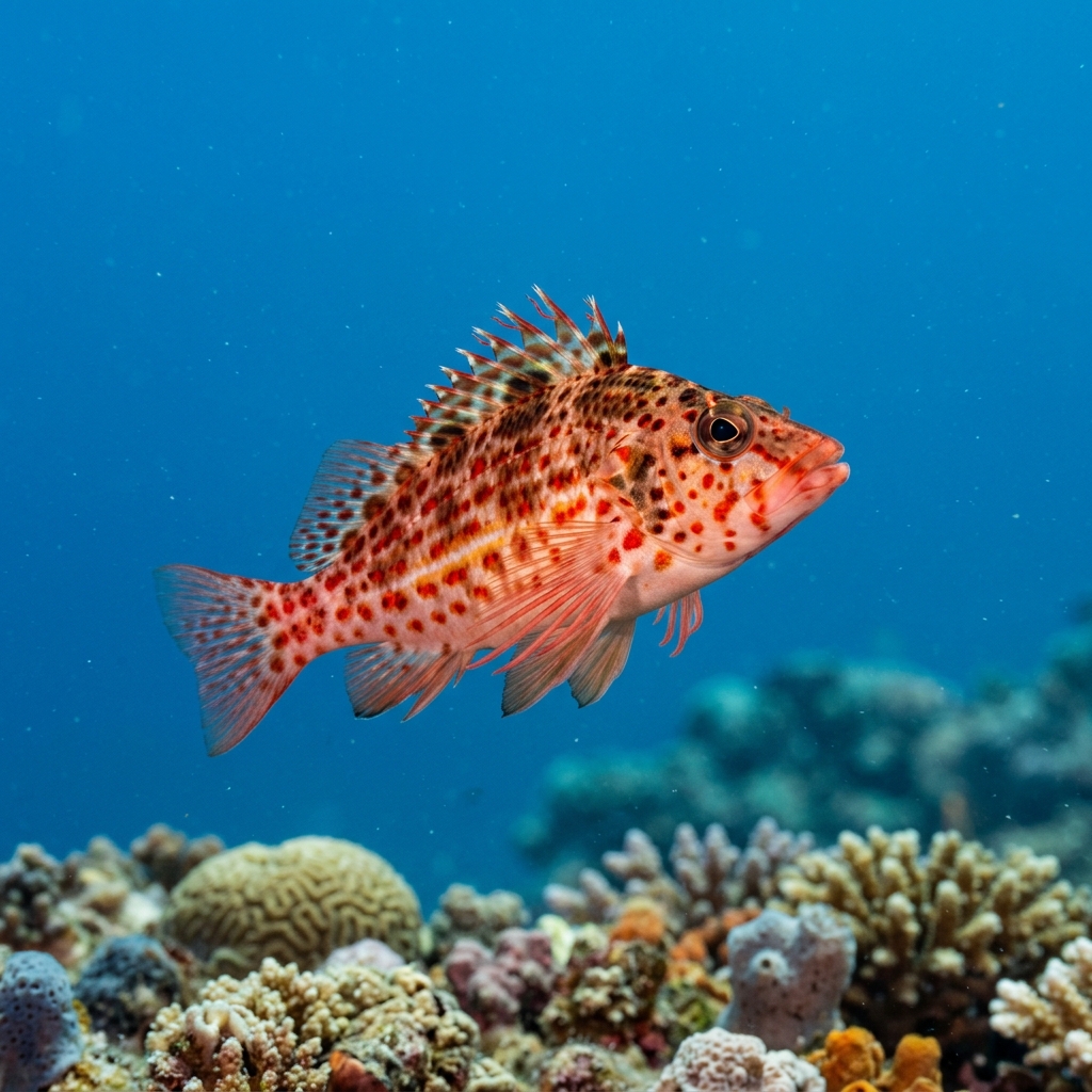 Pixy Hawkfish (Cirrhitichthys oxycephalus) swimming in its natural underwater habitat