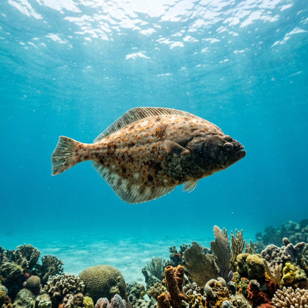 Plaice (Pleuronectidae spp.) swimming in its natural underwater habitat