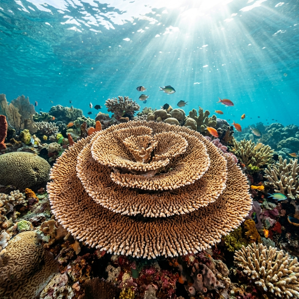 Plate Coral (Acroporidae spp.) growing on a reef