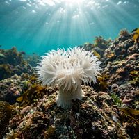 Plumose anemone with white feathery tentacles fully extended, attached to a rocky reef in cold temperate water.