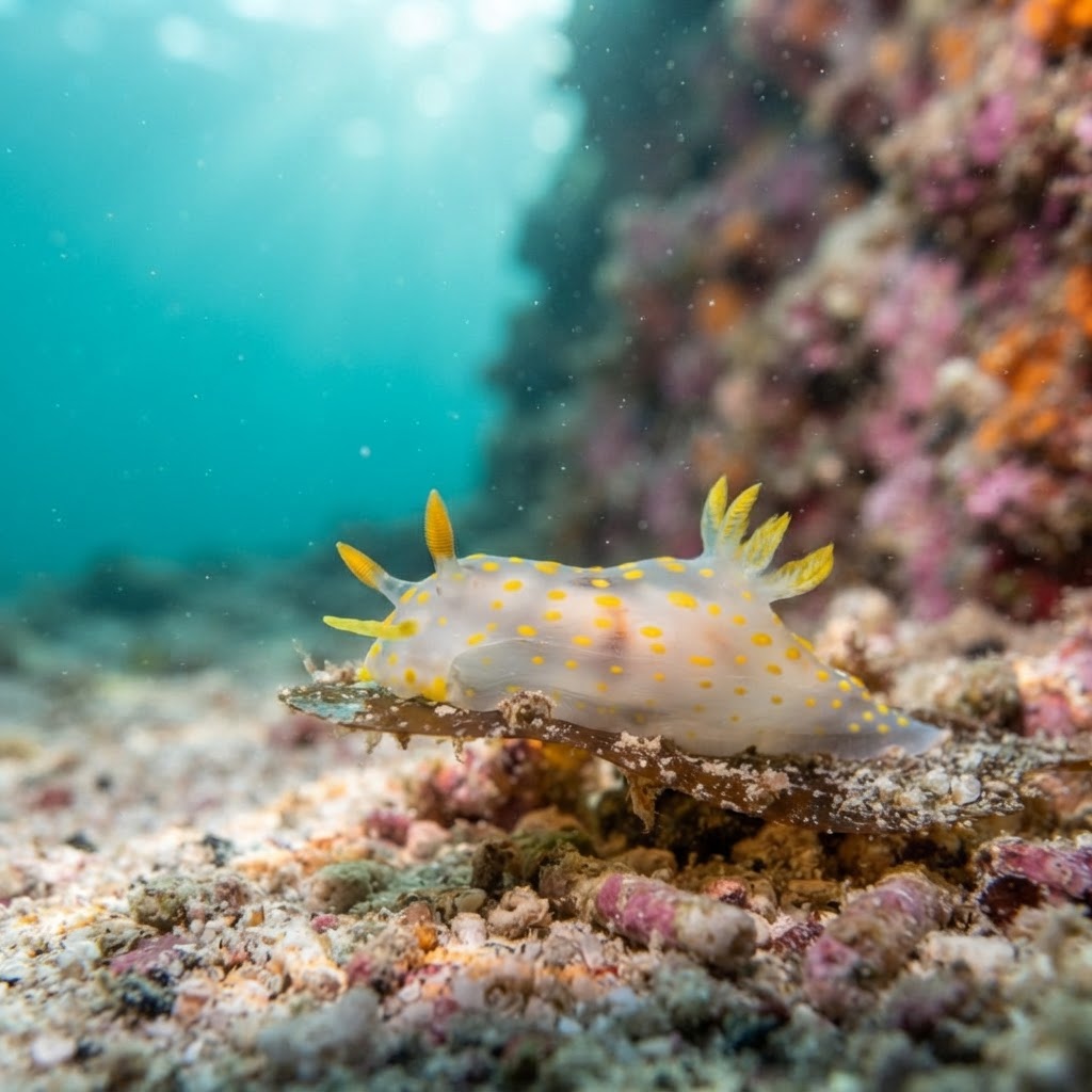 Fourline nudibranch with translucent white body and four yellow-tipped orange lines on a rocky seabed.
