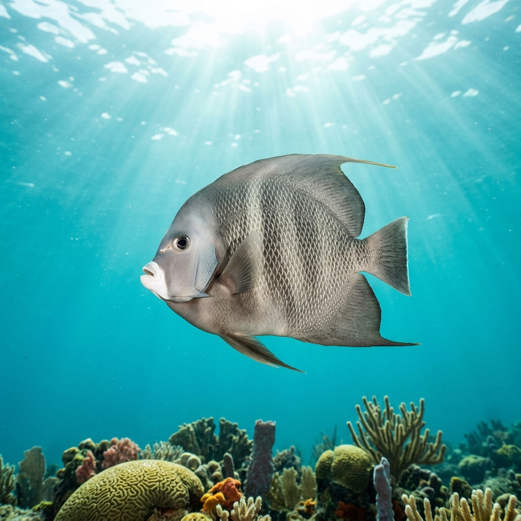 Gray angelfish with pale grey body, dark-edged scales, and yellow pectoral fins swimming near a coral reef.