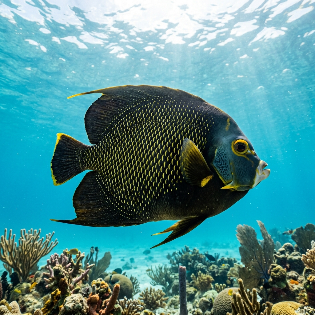 French angelfish with black scales edged in bright yellow, swimming close to a coral reef in clear blue water.