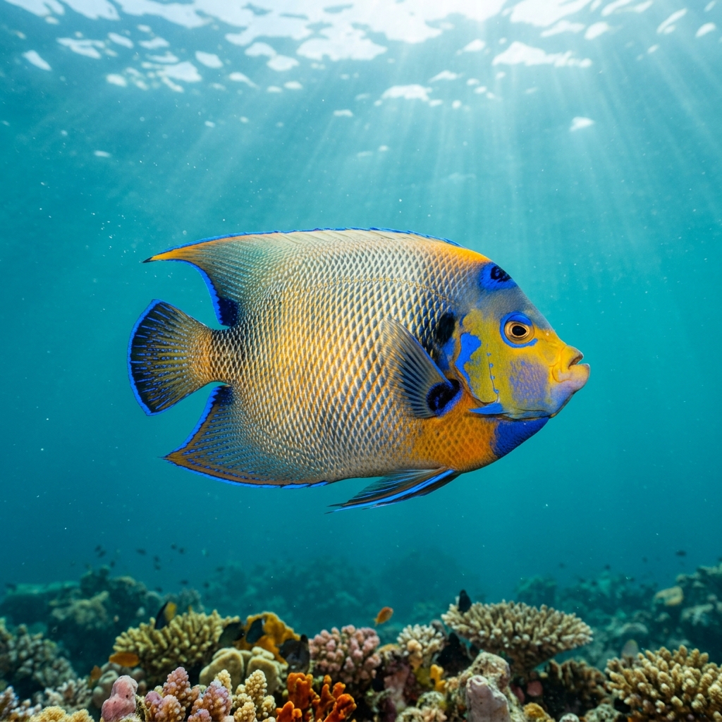 Bluefaced angelfish with a vivid blue facial mask, yellow and white-scaled body, swimming close to a coral reef.