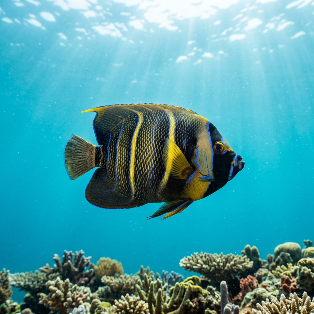 Cortez Angelfish with bold yellow and dark-banded body markings swimming along a rocky tropical reef.