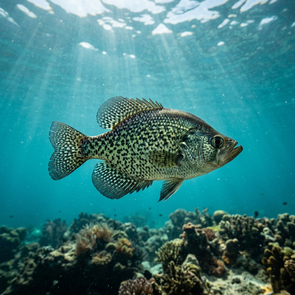 Black crappie with dark speckled flanks and a deep compressed body hovering near aquatic vegetation in freshwater.
