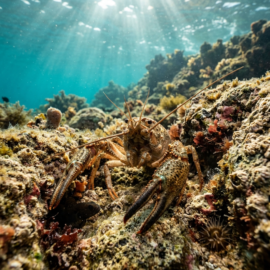 Turkish Crayfish with elongated narrow claws and olive-brown carapace resting on a rocky riverbed.