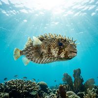 Porcupinefish with rounded spiny body, large dark eyes, and beige-brown patterned skin hovering near a coral reef.