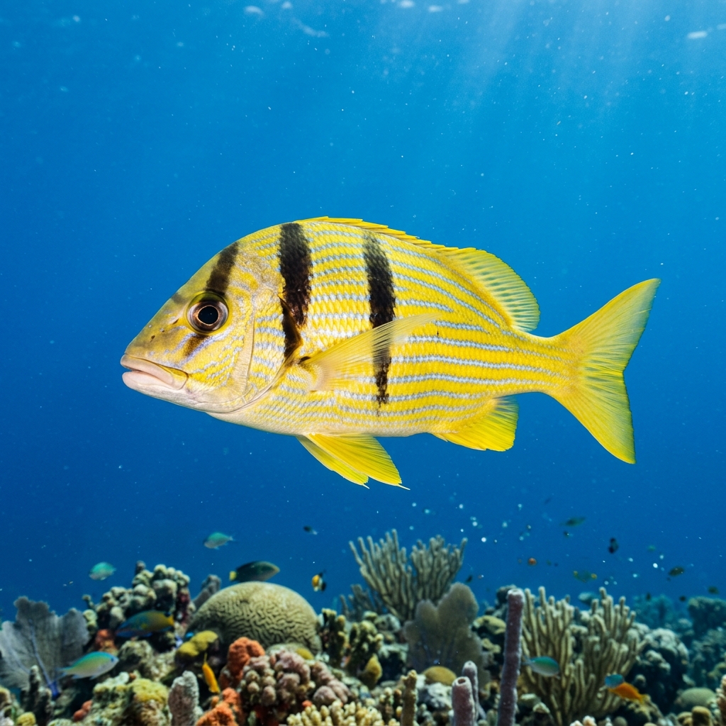 Porkfish (Anisotremus virginicus) swimming in its natural underwater habitat
