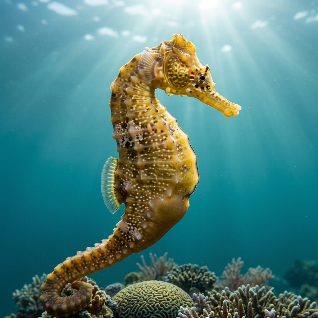 Pot-bellied seahorse clinging to seagrass with a distinctly rounded abdomen, pale mottled colouring, and a long curved snout.