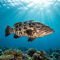 Potato bass with large dark brown spots on a pale body resting near a rocky reef in clear blue water.