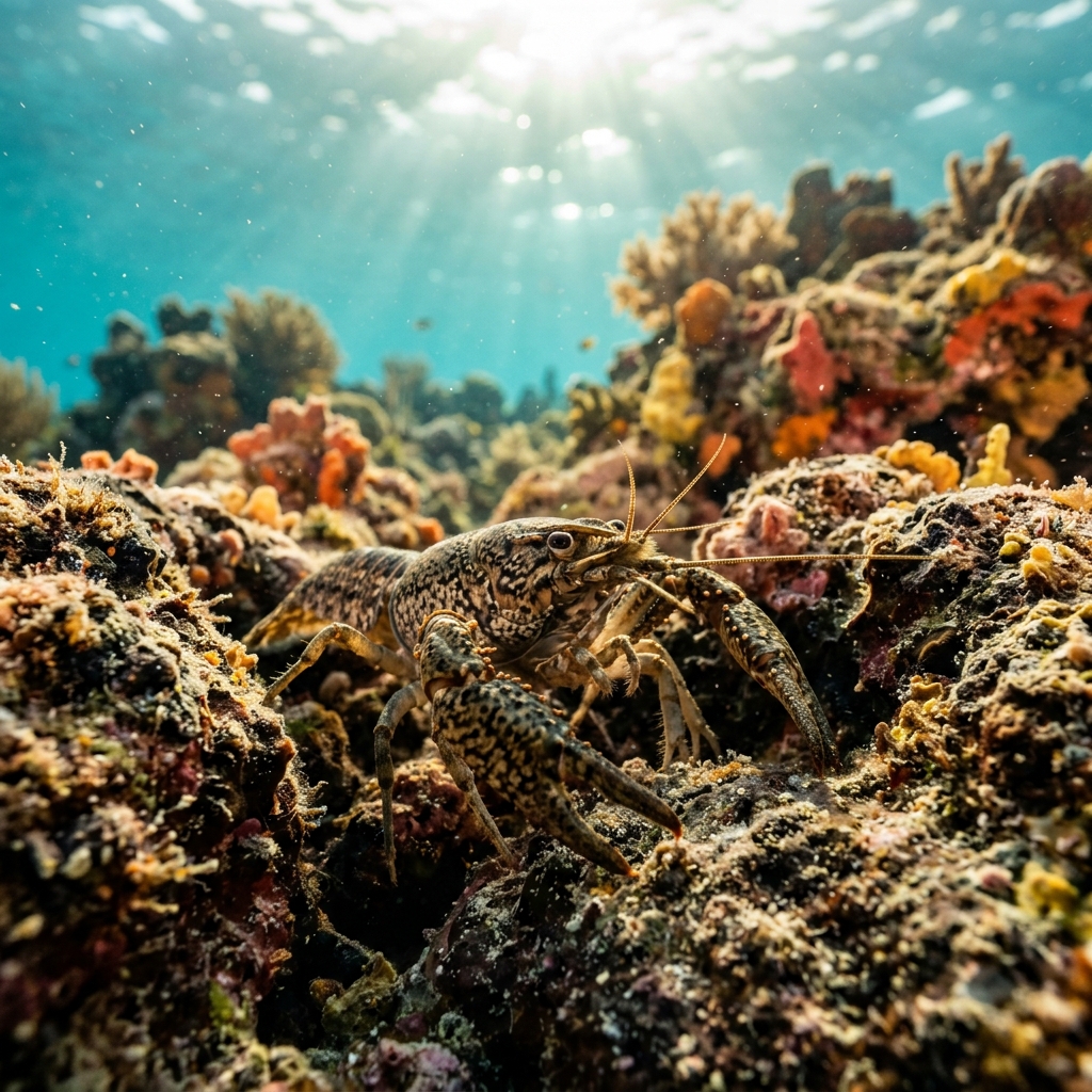 Marbled crayfish with mottled brown and grey patterned carapace walking along a freshwater substrate.