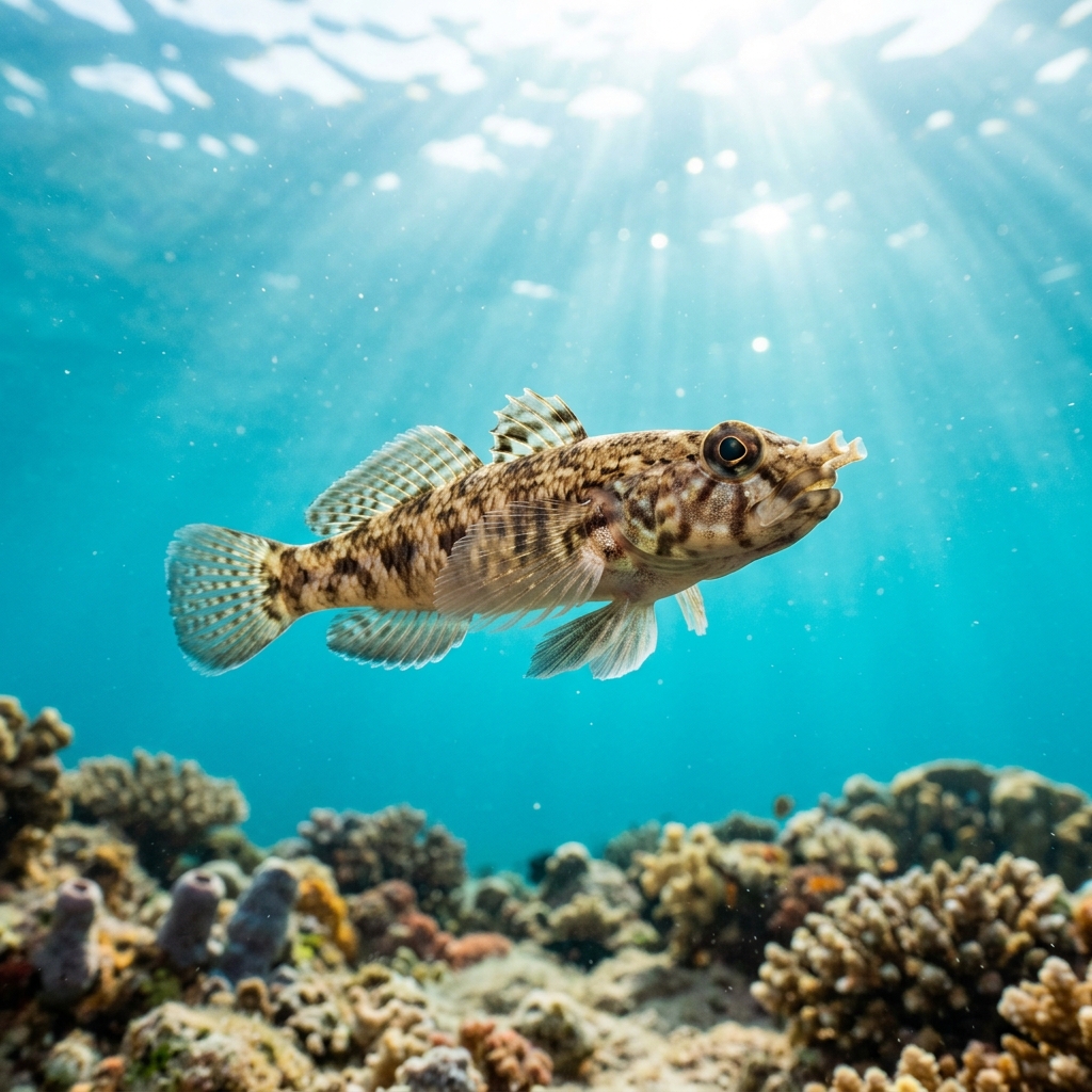 Western Tubenose Goby resting on a rocky freshwater substrate, showing its elongated body, fused nostril tubes, and mottled brown patterning.