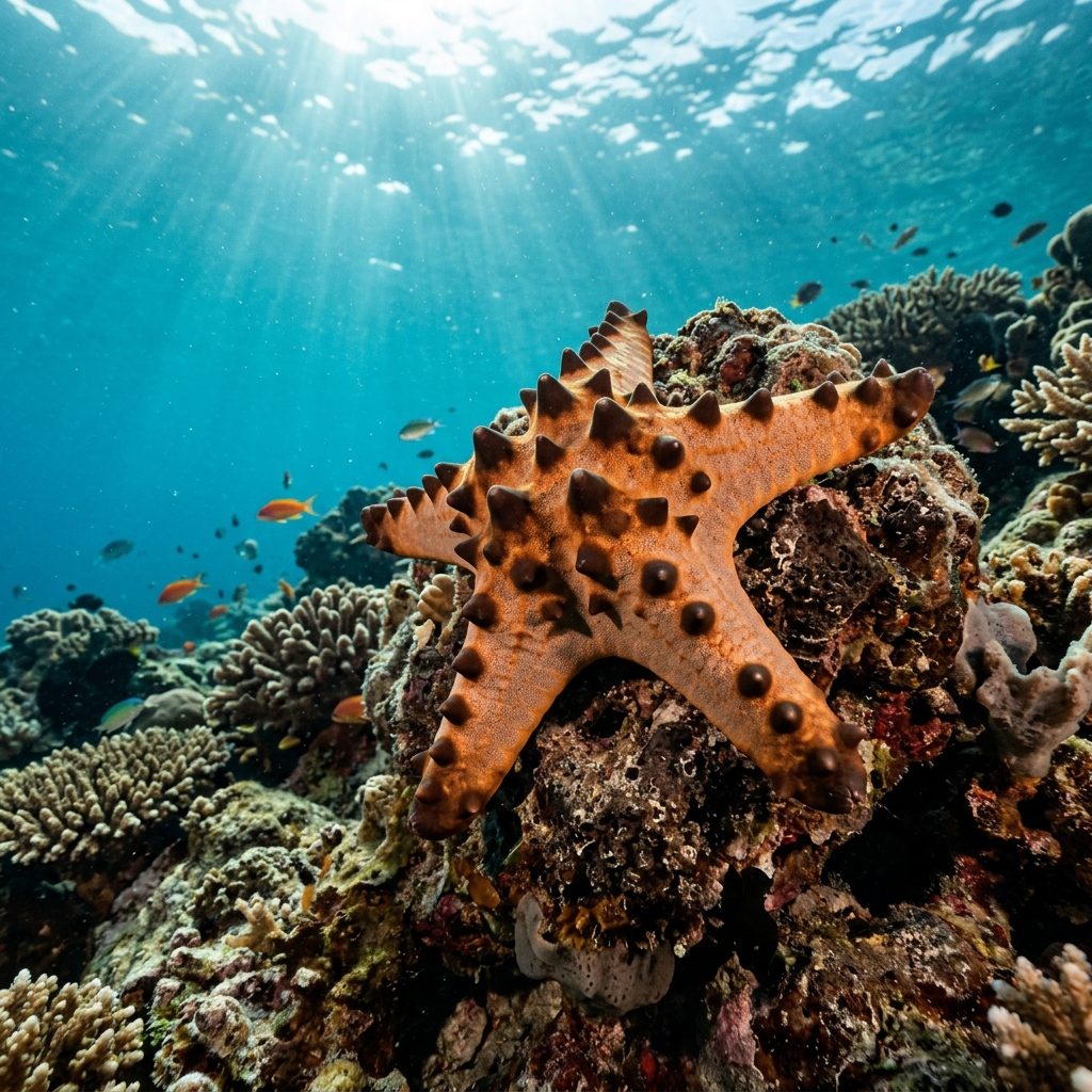 Chocolate chip sea star with cream body and rows of large black conical knobs resting on a sandy reef bottom.