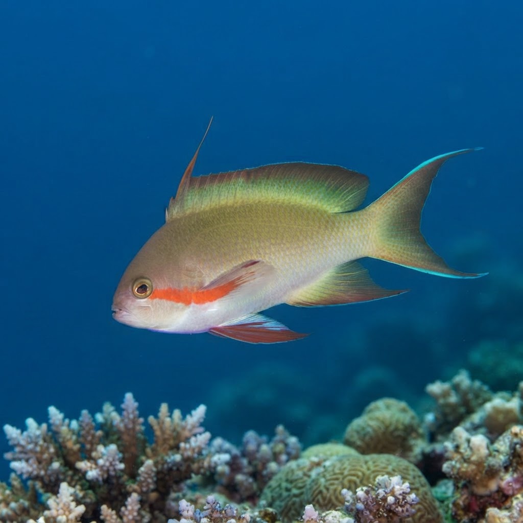 Red-cheeked anthias with peachy-orange body and rosy cheek patch hovering above coral reef.