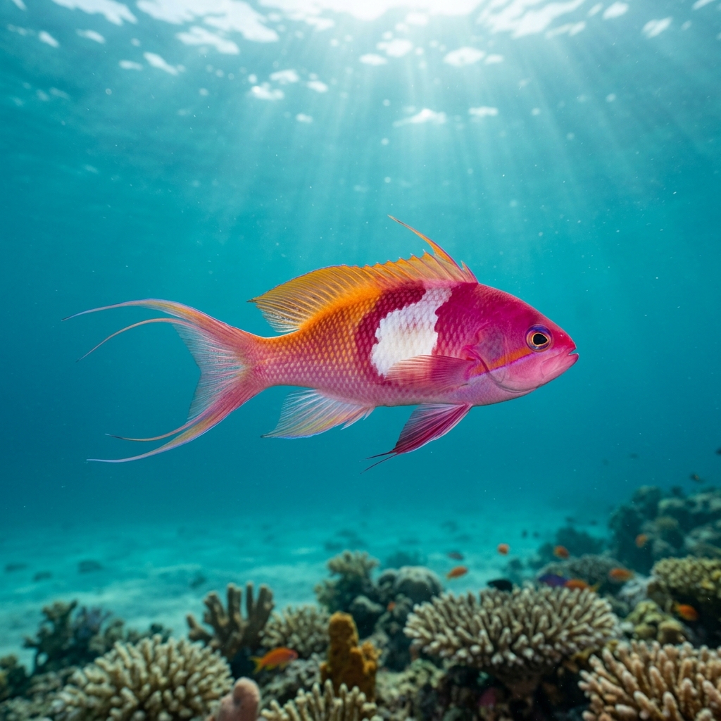 Mirror Basslet male with vivid pink-purple body and a large reflective silver-white patch on the flank, hovering above a coral reef.
