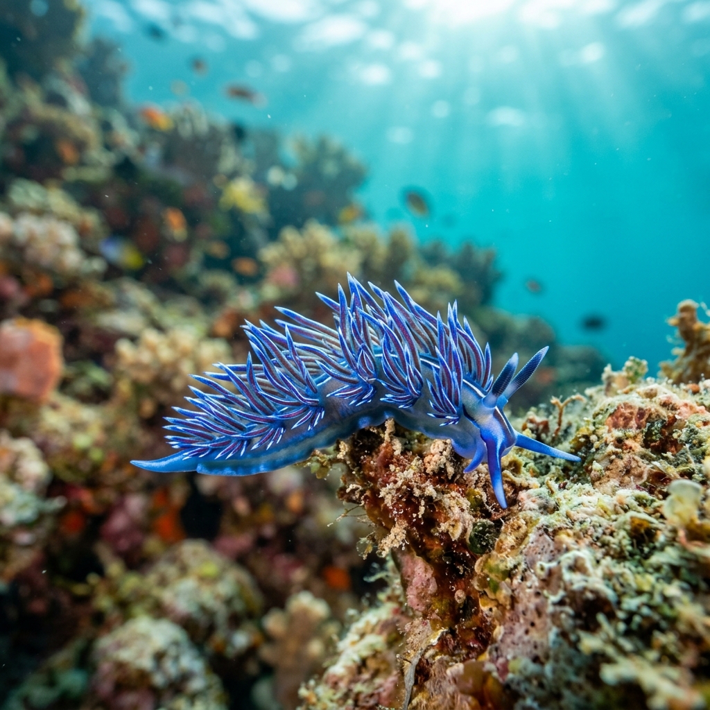 Blue Dragon nudibranch with elongated blue and purple cerata on a shallow reef substrate.