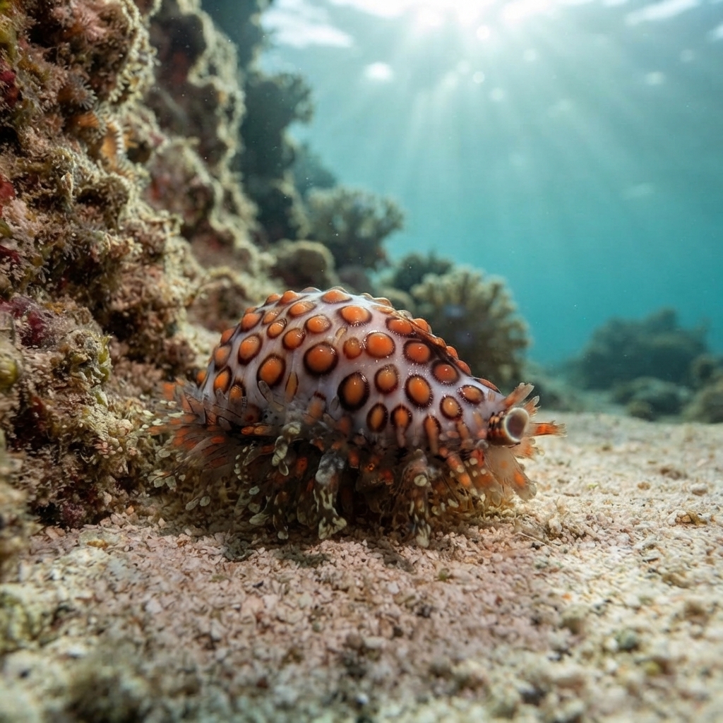 Pustulose false cowrie with an orange shell covered in black-ringed spots crawling on coral rubble.