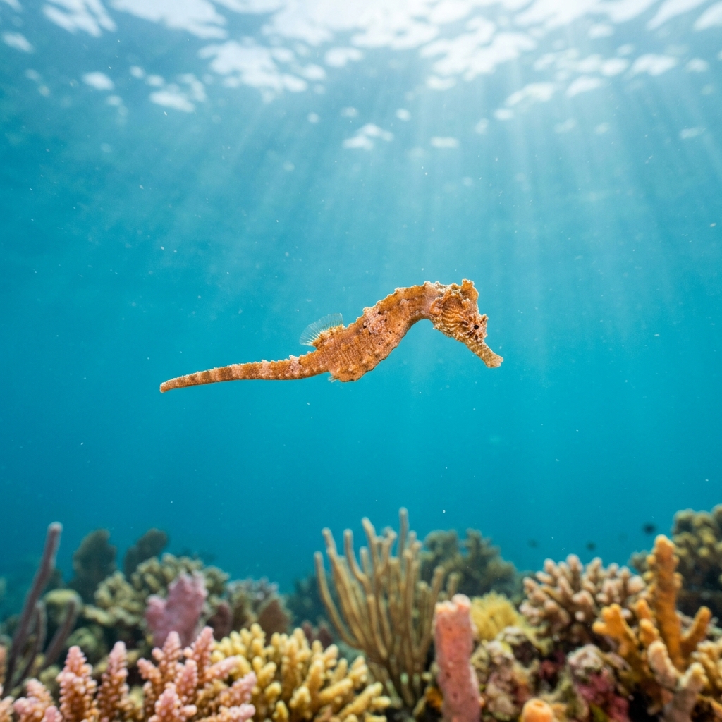 Pygmy Pipehorse (Idiotropiscis spp.) swimming in its natural underwater habitat