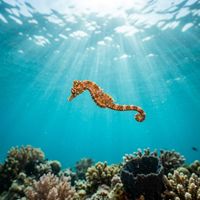 Pygmy Pipehorse clinging to algae or seagrass, showing a slender segmented body with a curled prehensile tail, in shallow temperate Australian waters.
