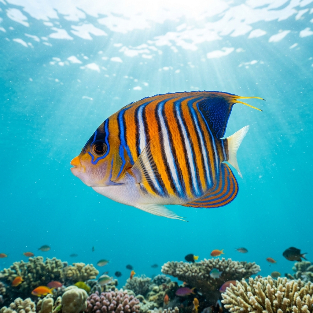 Regal angelfish with vivid orange and white vertical bands and a blue-edged dorsal fin swimming close to a coral reef.
