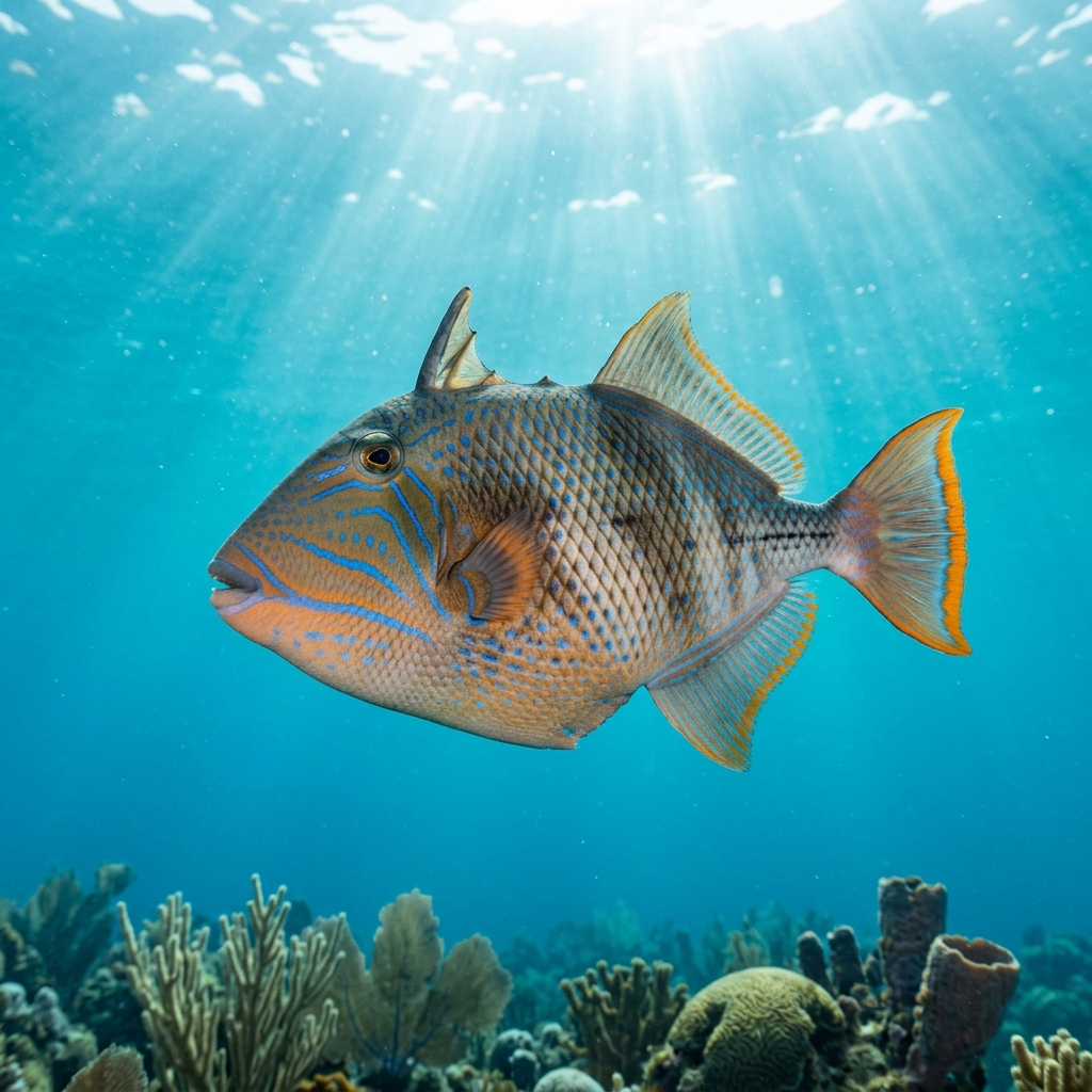 Queen Triggerfish (Balistidae spp.) swimming in its natural underwater habitat