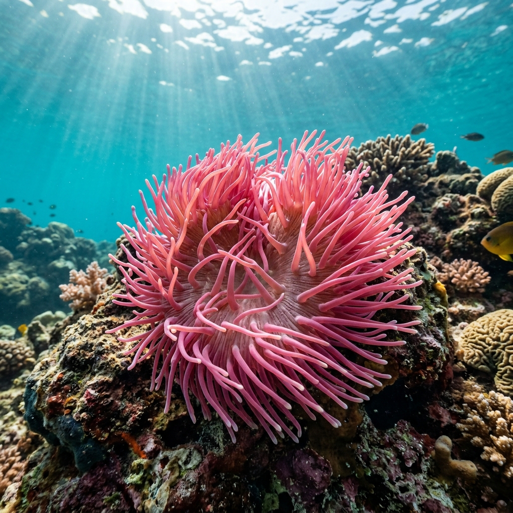 Magnificent Giant Anemone with long, flowing purple-tipped tentacles spread across a shallow tropical reef.