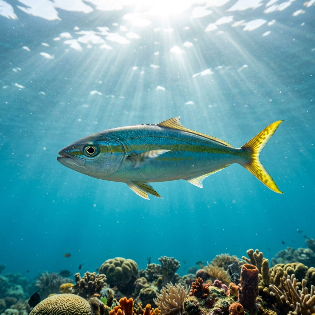 Rainbow Runner (Elagatis bipinnulata) swimming in its natural underwater habitat