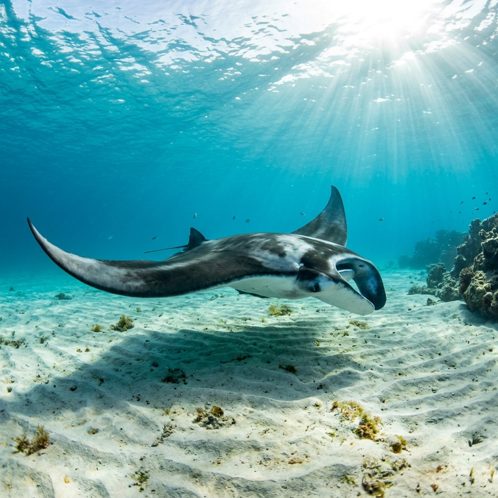 Ray (Batoidea spp.) gliding over the seafloor