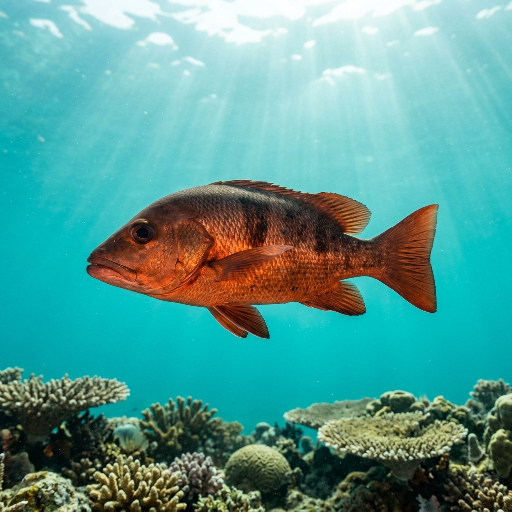 Red Bass (Lutjanus bohar) swimming in its natural underwater habitat