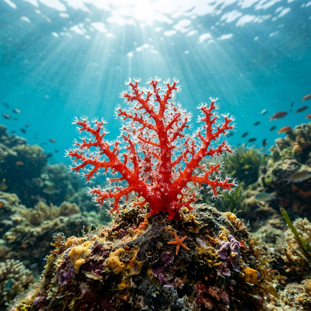 Red Coral (Coralliidae spp.) in its marine habitat