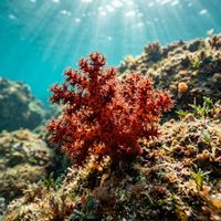 Red coral colony with deep scarlet branching skeleton and small white polyps on a rocky reef wall.