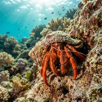 Red hermit crab with bright reddish-orange legs and a spiral shell, perched on a rocky reef.