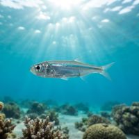 Dense school of small silver Red Sea hardyhead silversides catching light over a shallow rocky reef.