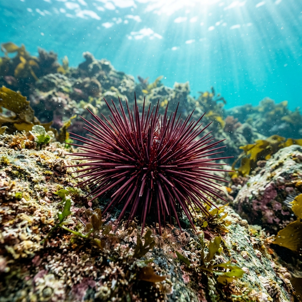 Red Sea Urchin (Strongylocentrotidae spp.) in its marine habitat