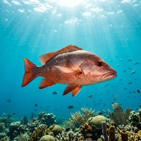 Red snapper with deep rose-red body, pale pink belly, and pointed snout swimming near a rocky reef.