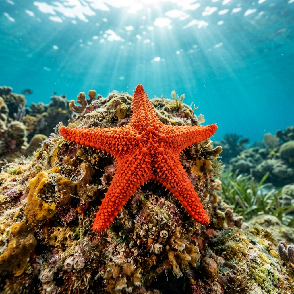 Red Starfish (Echinasteridae spp.) in its marine habitat