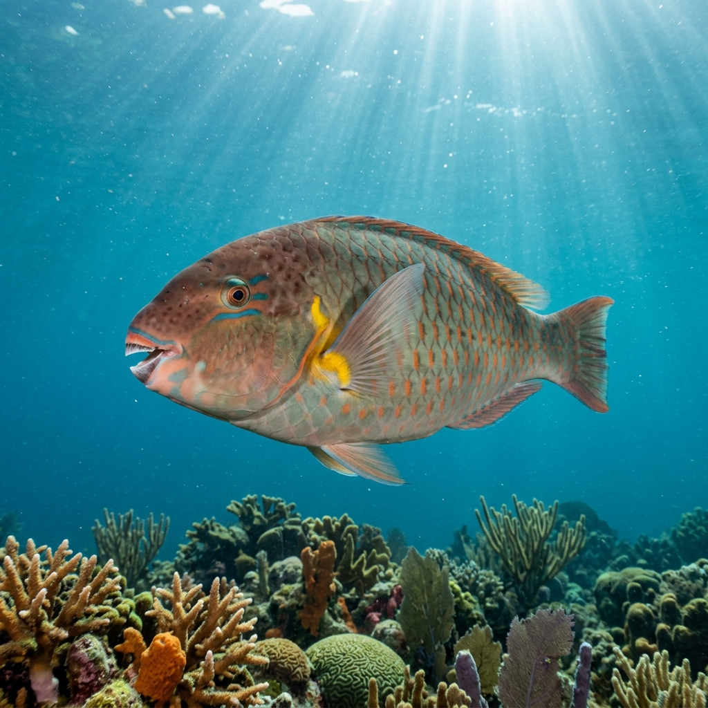 Redband Parrotfish (Sparisoma aurofrenatum) swimming in its natural underwater habitat