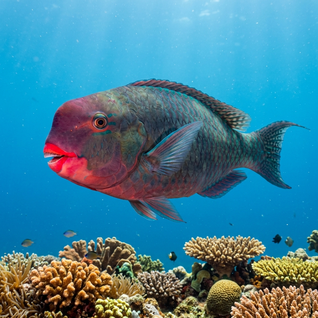 Redlip Parrotfish (Scarus rubroviolaceus) swimming in its natural underwater habitat