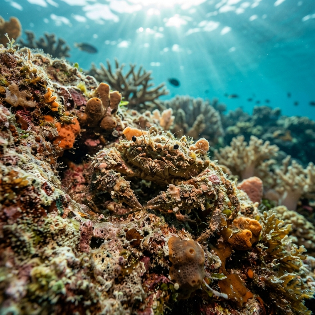 Reef Decorator Crab (Cyclocoeloma tuberculata) on a coral reef