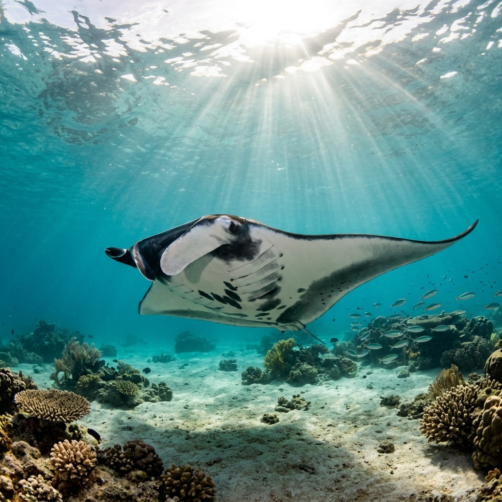 Reef manta ray with dark back, white belly and distinct shoulder markings gliding over a tropical coral reef.