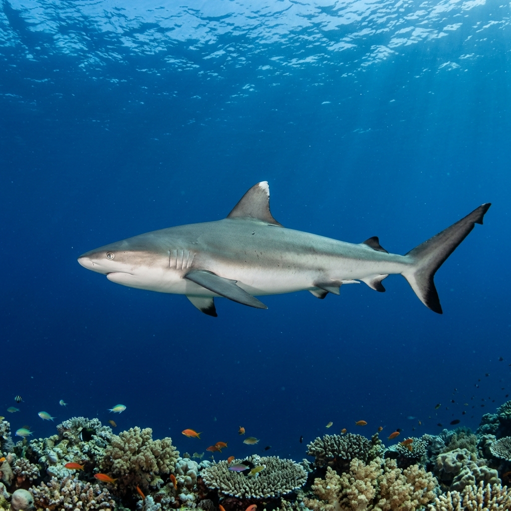 Reef Shark (Carcharhinus amblyrhynchos) cruising through the ocean
