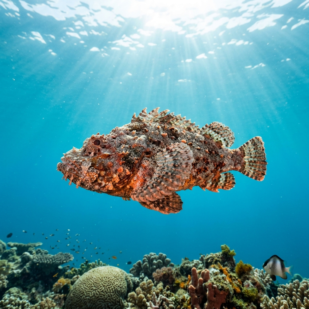 Reef stonefish camouflaged against a rocky reef, its warty brown and reddish mottled skin blending with encrusting algae and coral rubble.